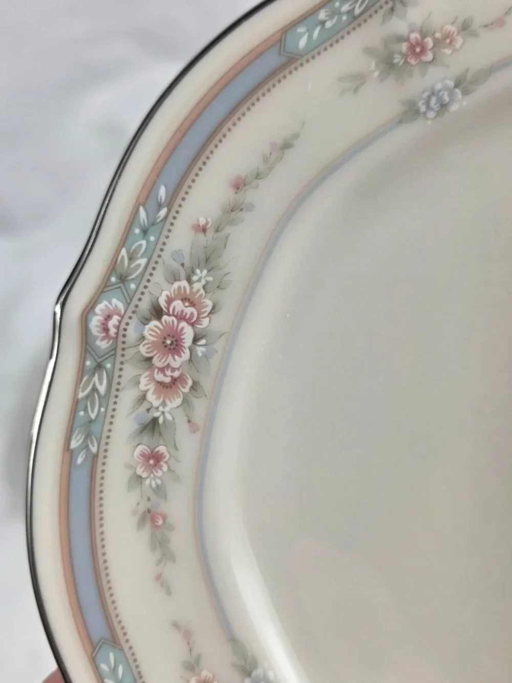 TWO Noritake Rothschild Bread Plates Ivory Blue Band with Pink Flowers